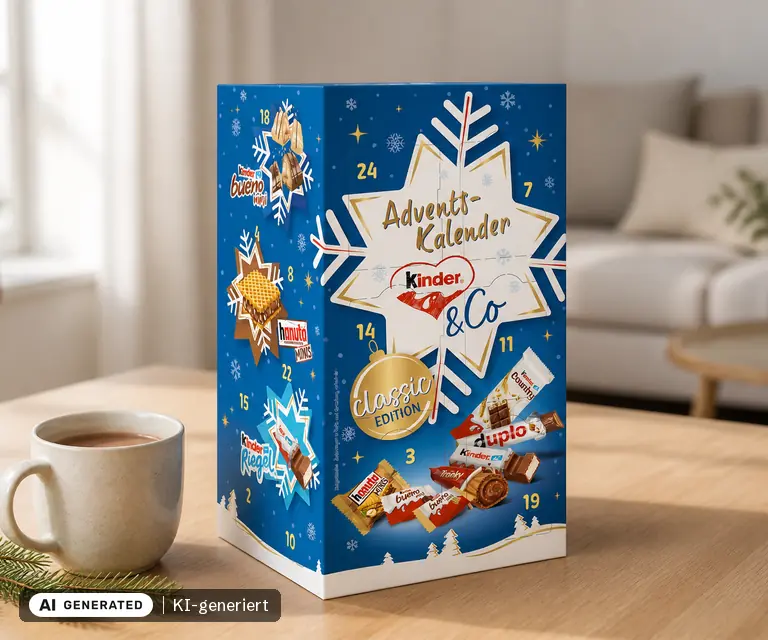 KI-generierte Illustration: KINDER & CO Adventskalender 295 g (Lidl, Prospekt), 24 Türchen