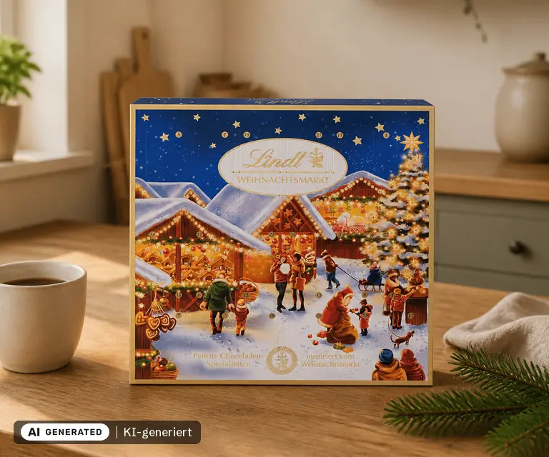 KI-generierte Illustration: Lindt Weihnachtsmarkt Mini-Tisch-Adventskalender (115 g), 24 Türchen