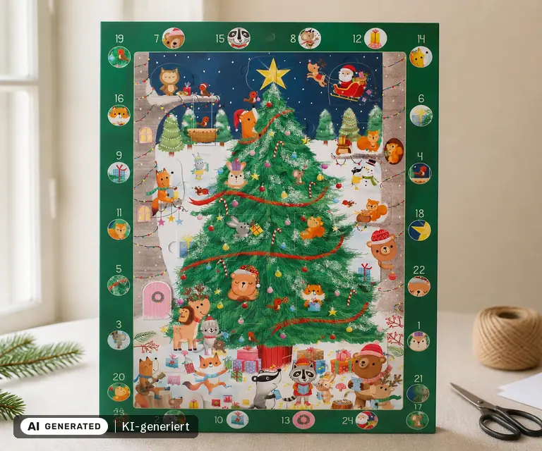 KI-generierte Illustration: Mein Wimmel-Adventskalender: Kunterbunter Weihnachtsbaum, 24 Türchen