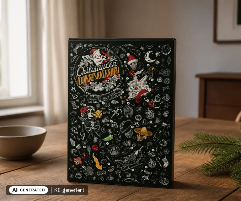 KI-generierte Illustration: Mexican Tears Chili Sauce Adventskalender 2026, 24 Türchen