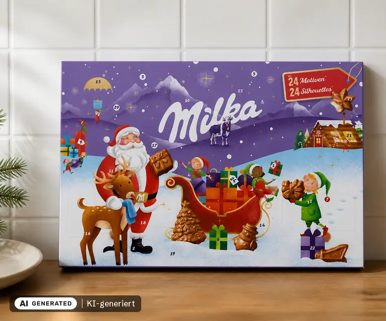 KI-generierte Illustration: Milka Adventskalender 200 g, 24 Türchen