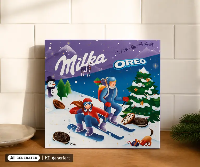 KI-generierte Illustration: Milka & Oreo Adventskalender, 24 Türchen