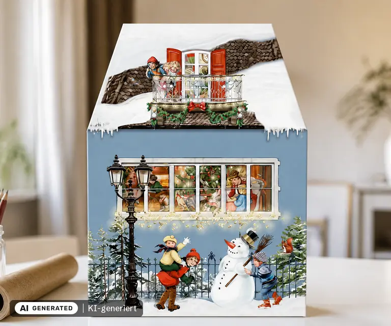 KI-generierte Illustration: Miniatur-Adventskalender, Weihnachtshäuschen, 24 Türchen