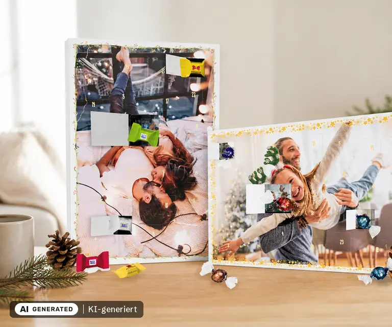 KI-generierte Illustration: myphotobook Premium-Adventskalender mit Türchenbildern und Schokolade