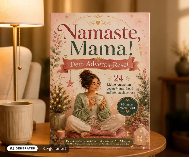 KI-generierte Illustration: Namaste, Mama! Der Anti-Stress-Adventskalender mit 24 kleinen Auszeiten gegen Mental Load und Weihnachsstress, 24 Türchen