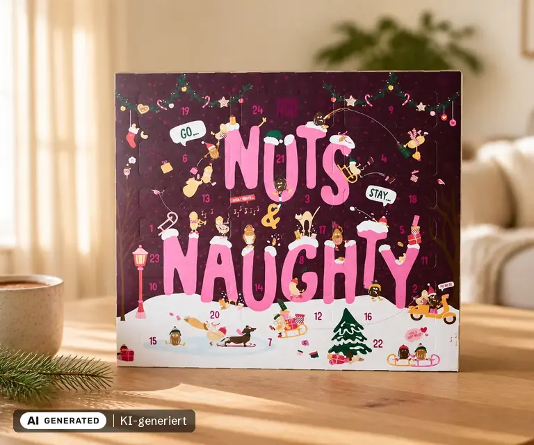 KI-generierte Illustration: Naughty Nuts Adventskalender Classic 2026, 24 Türchen