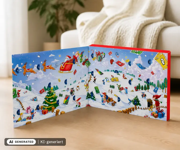 KI-generierte Illustration: UNO Adventskalender 2026, 24 Türchen