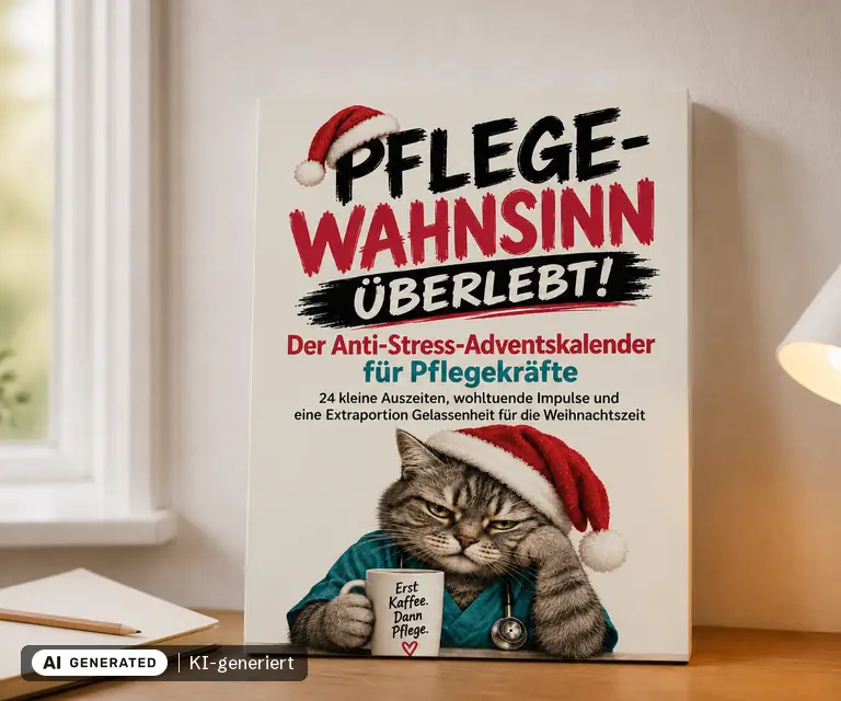 KI-generierte Illustration: Pflege-Wahnsinn überlebt! Der Anti-Stress-Adventskalender für Pflegekräfte, 24 Türchen
