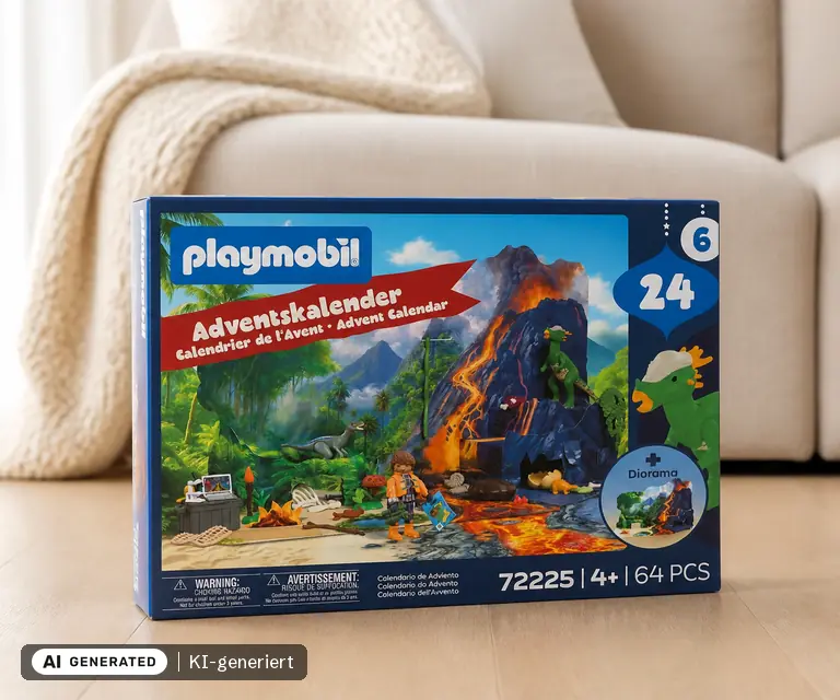 KI-generierte Illustration: PLAYMOBIL Adventskalender Dino-Expedition 2026 (72225), 24 Türchen