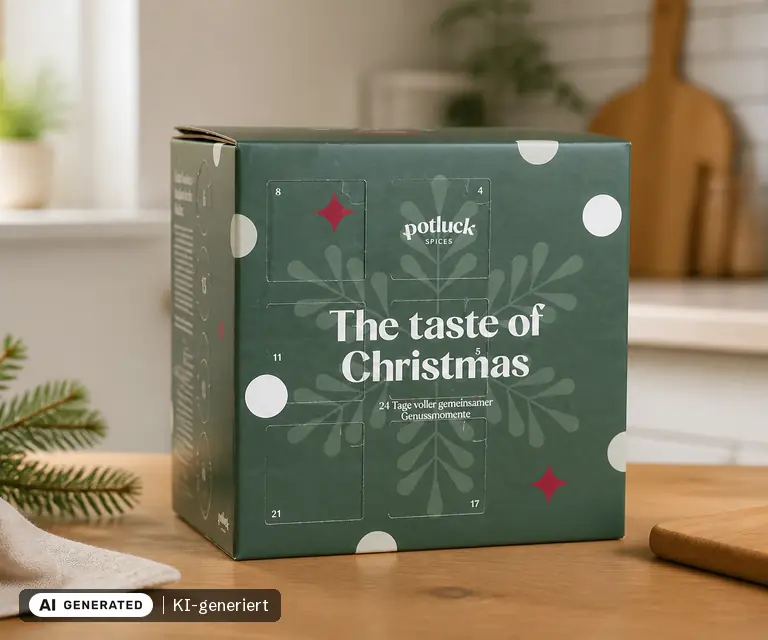 KI-generierte Illustration: Potluck Premium Adventskalender 2026, 24 Türchen