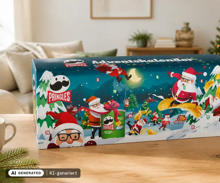 KI-generierte Illustration: Pringles Bus Adventskalender 2026, 24 Türchen
