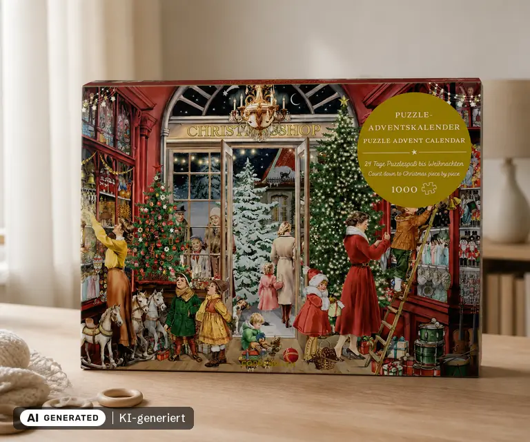 KI-generierte Illustration: Puzzle-Adventskalender, Nostalgischer Weihnachtsladen, 24 Türchen