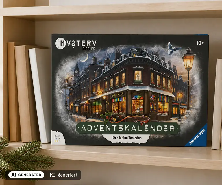 KI-generierte Illustration: Ravensburger Mystery Adventskalender 2026 „Der kleine Teeladen“, 24 Türchen