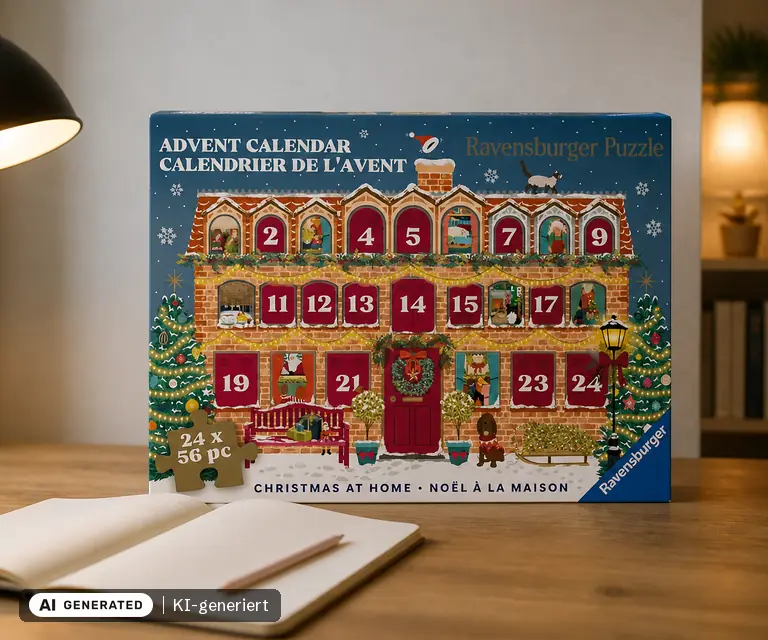 KI-generierte Illustration: Ravensburger Puzzle-Adventskalender Weihnachten zu Hause (12002014), 24 Türchen