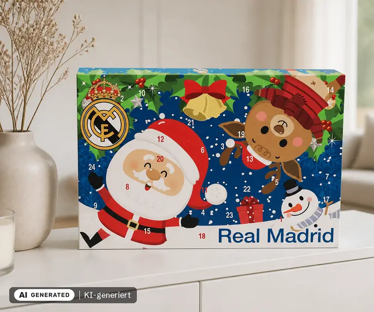 KI-generierte Illustration: Real Madrid Weihnachts-Adventskalender (Design Saison 25/26), 24 Türchen
