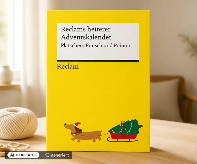 KI-generierte Illustration: Reclams heiterer Adventskalender. Plätzchen, Punsch und Pointen, 24 Türchen