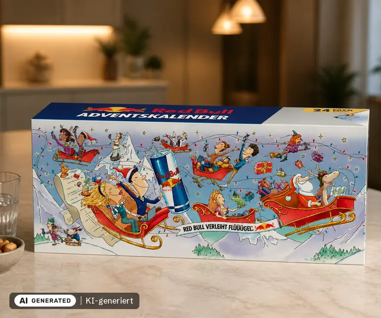 KI-generierte Illustration: Red Bull Adventskalender 2026, 24 Türchen