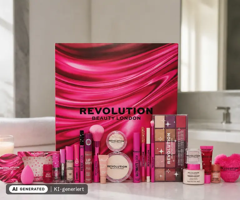 KI-generierte Illustration: Revolution Beauty Adventskalender 2026, 24 Türchen