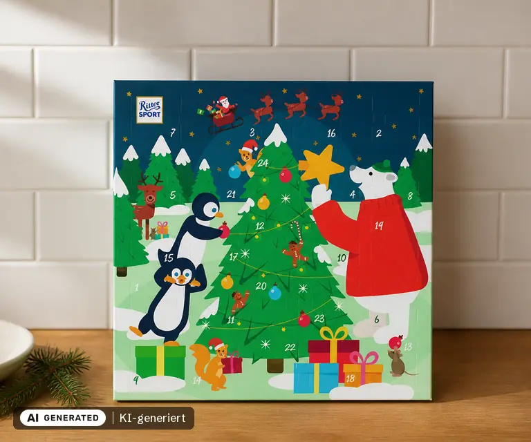 KI-generierte Illustration: Ritter Sport Quadrat Adventskalender, 24 Türchen