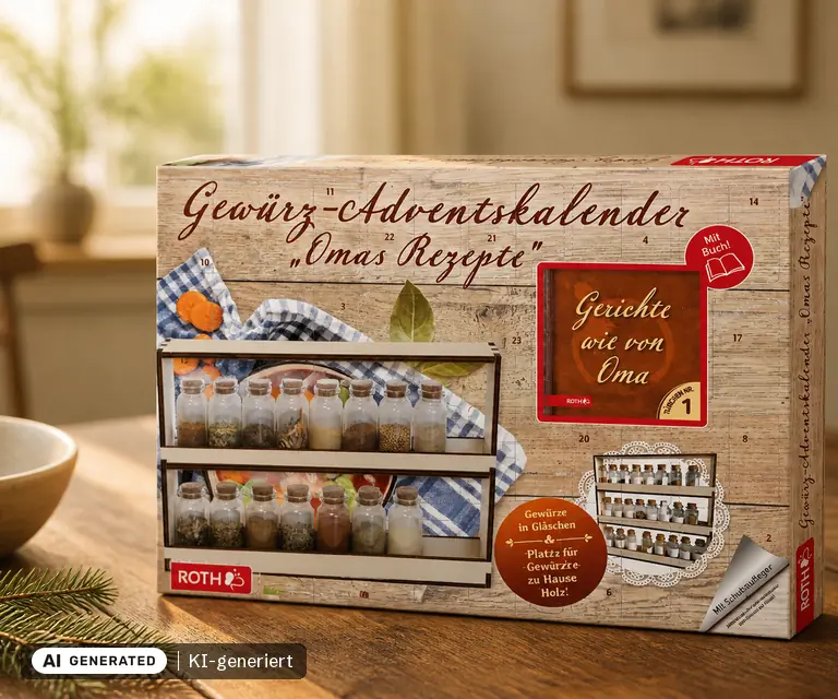 KI-generierte Illustration: ROTH Bio-Gewürz-Adventskalender „Omas Rezepte“, 24 Türchen