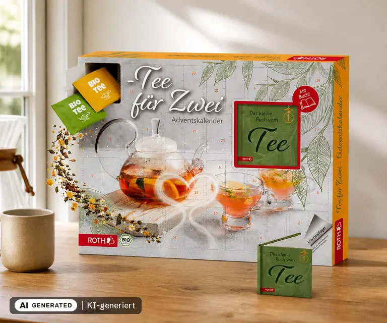 KI-generierte Illustration: ROTH Bio-Tee-Adventskalender für Zwei 2026, 24 Türchen