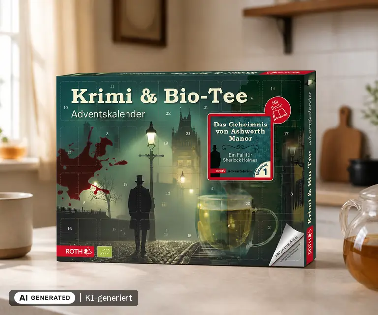 KI-generierte Illustration: ROTH Krimi & Bio-Tee-Adventskalender, 24 Türchen