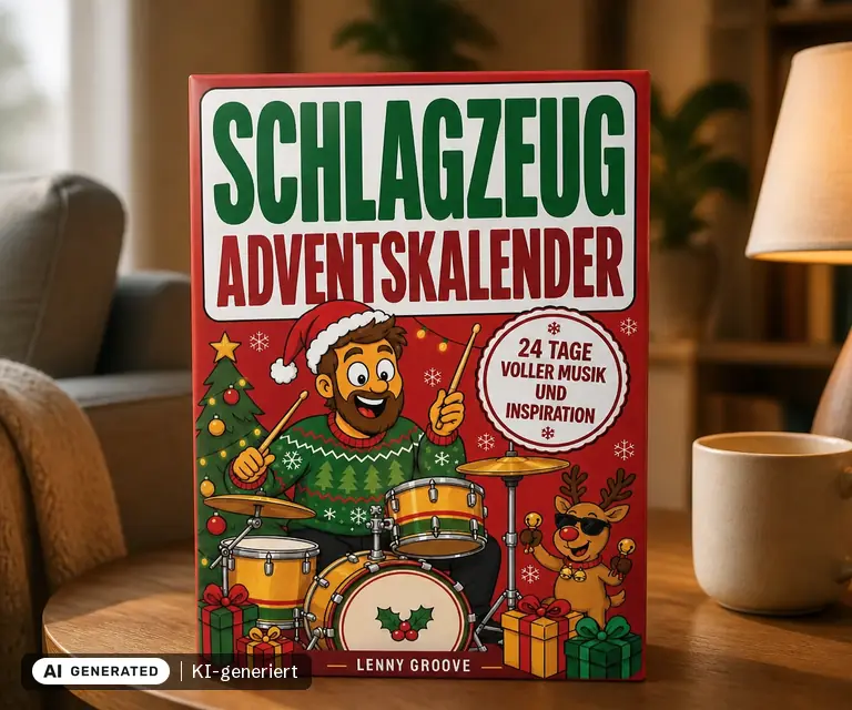 KI-generierte Illustration: Schlagzeug Adventskalender: 24 Tage voller Musik, Klang und Inspiration für alle, die Schlagzeug lieben, 24 Türchen