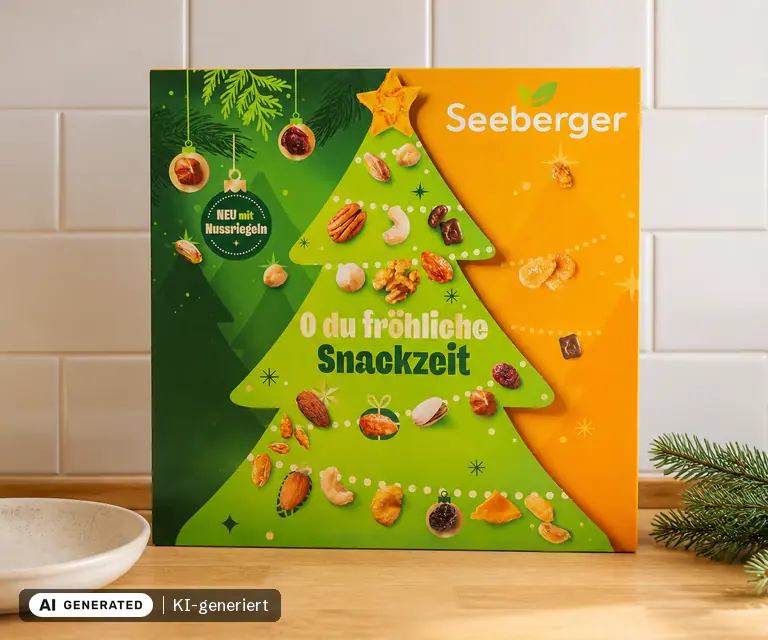 KI-generierte Illustration: Seeberger Adventskalender 2026, 24 Türchen