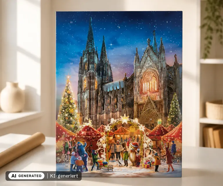 KI-generierte Illustration: Sellmer Adventskalender „Kölner Dom“, 24 Türchen