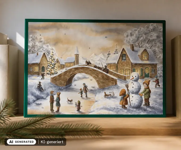 KI-generierte Illustration: Sellmer Postkarten-Adventskalender „An der Brücke“, 24 Türchen