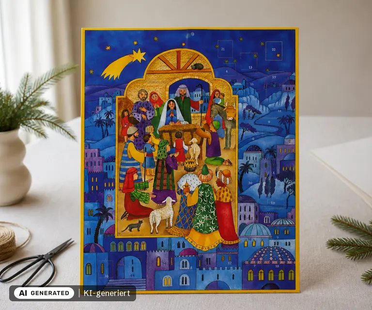 KI-generierte Illustration: Postkarten-Adventskalender „Krippe in Bethlehem“ (Sellmer), 24 Türchen