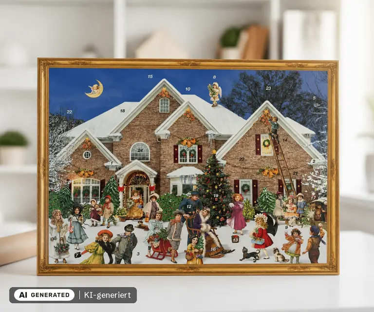KI-generierte Illustration: Sellmer Adventskalender „Viktorianisches Haus“, 24 Türchen