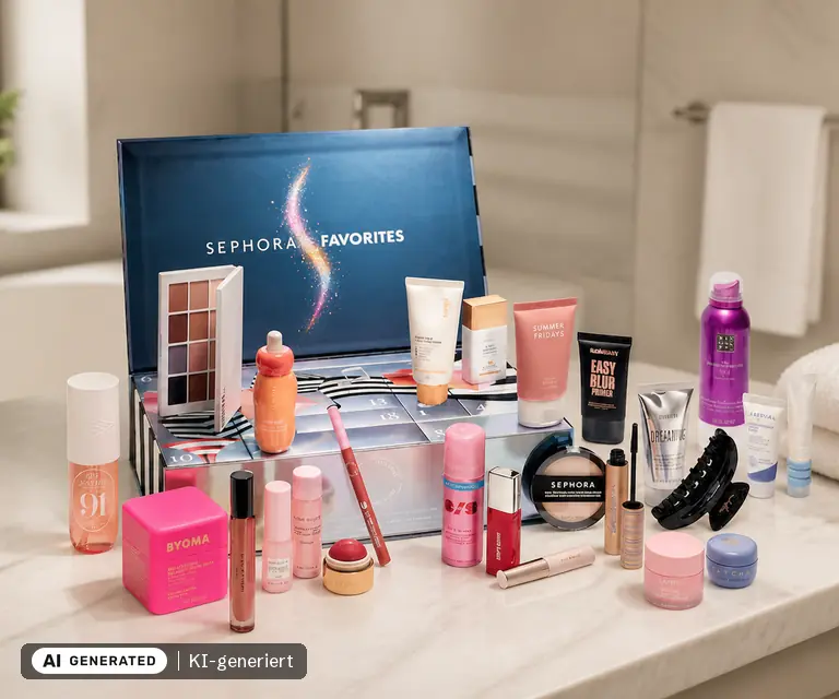 KI-generierte Illustration: Sephora Favorites Adventskalender 2026, 24 Türchen
