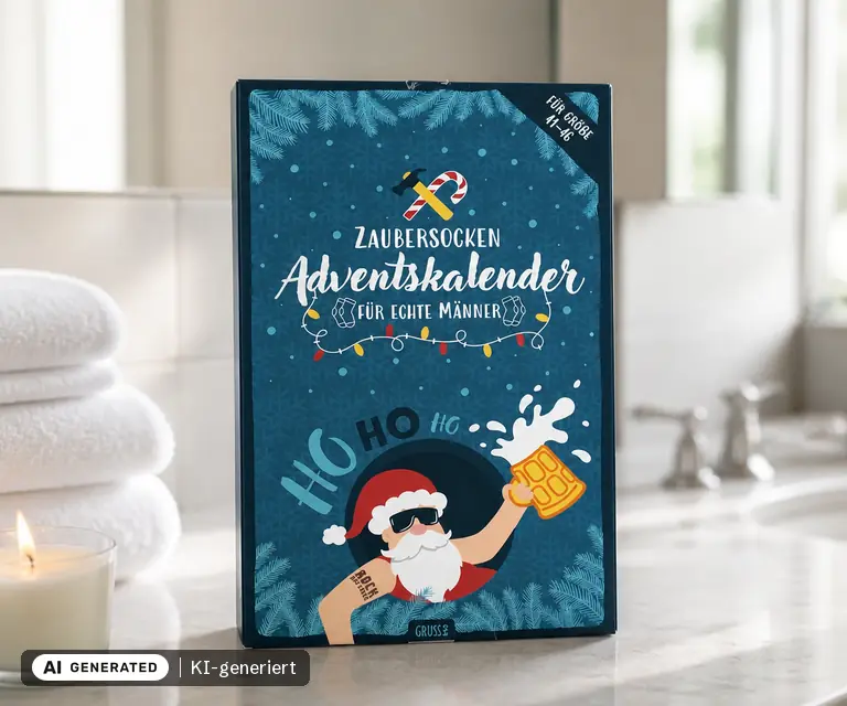 KI-generierte Illustration: Sheepworld Zaubersocken-Adventskalender „für echte Männer“, 24 Türchen