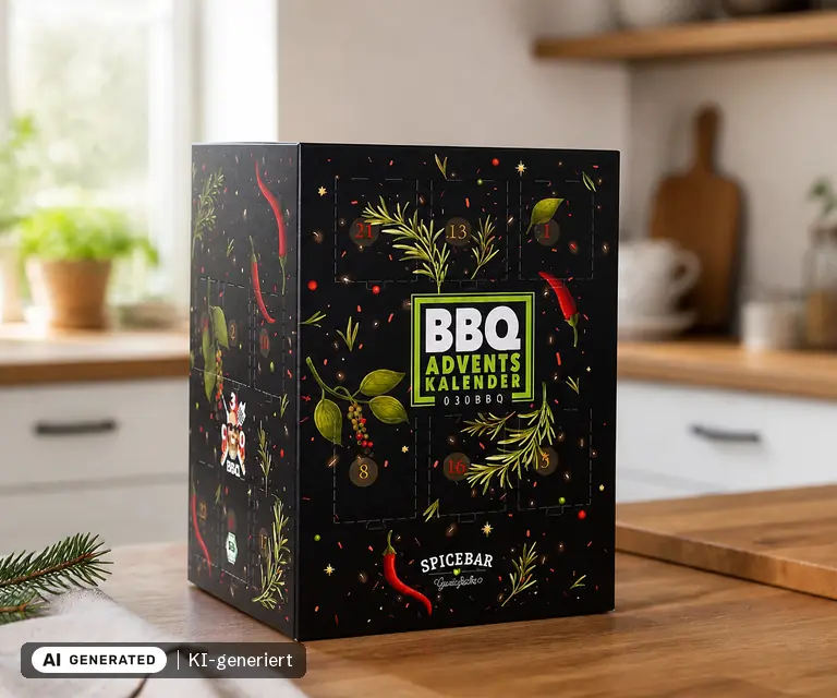 KI-generierte Illustration: Spicebar BIO 030BBQ Adventskalender 2026 (Bobby's), 24 Türchen