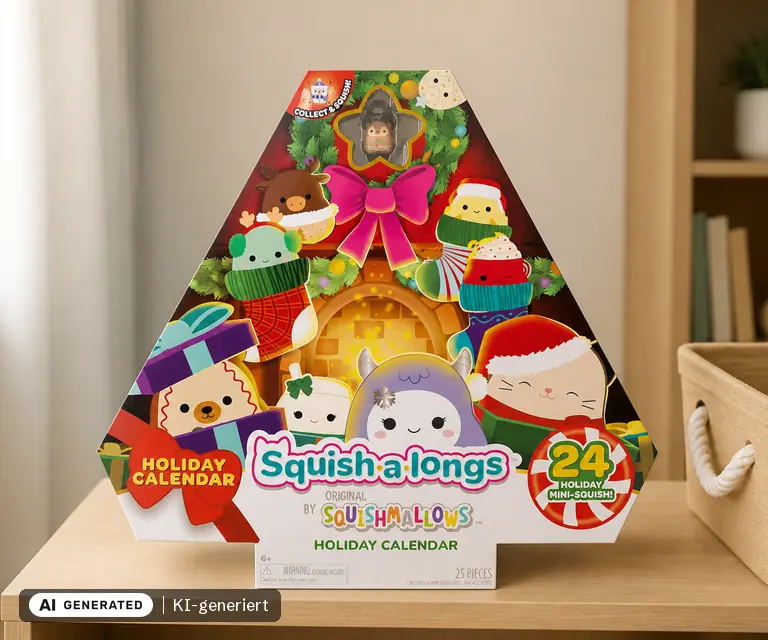 KI-generierte Illustration: Squishmallows Squish-a-longs Adventskalender 2026, 24 Türchen