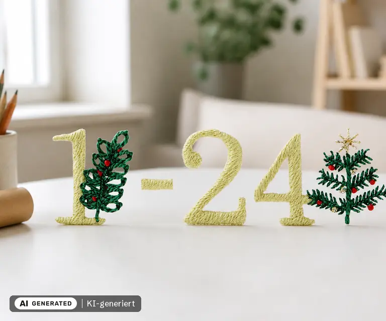 KI-generierte Illustration: Stick & Stitch Packung, Adventskalenderzahlen, 24 Türchen