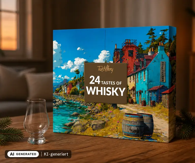 KI-generierte Illustration: Tastillery Whisky Adventskalender 2026, 24 Türchen