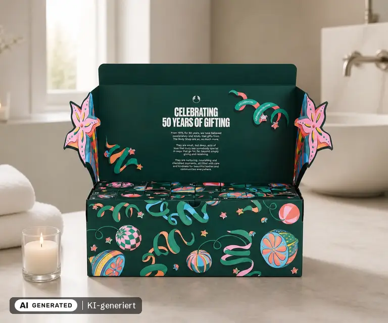 KI-generierte Illustration: The Body Shop Classic Adventskalender 2026, 24 Türchen
