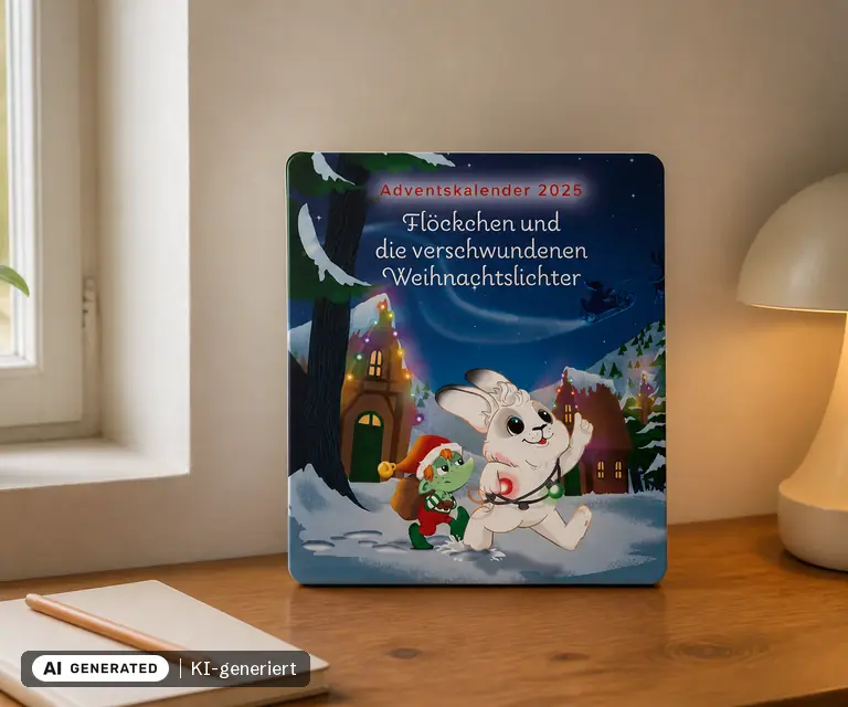 KI-generierte Illustration: tonies Adventskalender Flöckchen und die verschwundenen Weihnachtslichter (Ausgabe 2025), 24 Türchen