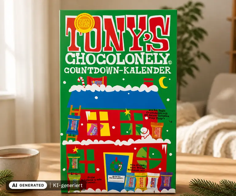 KI-generierte Illustration: Tony's Chocolonely Countdown Kalender 2026 (225 g), 24 Türchen