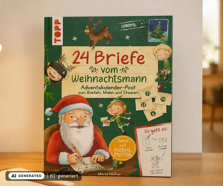 KI-generierte Illustration: 24 Briefe vom Weihnachtsmann. Adventskalender-Post zum Basteln, Malen und Staunen, 24 Türchen