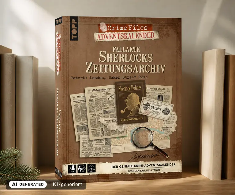 KI-generierte Illustration: Crime Files – Fallakte: Sherlocks Zeitungsarchiv. Der geniale Krimi-Adventskalender