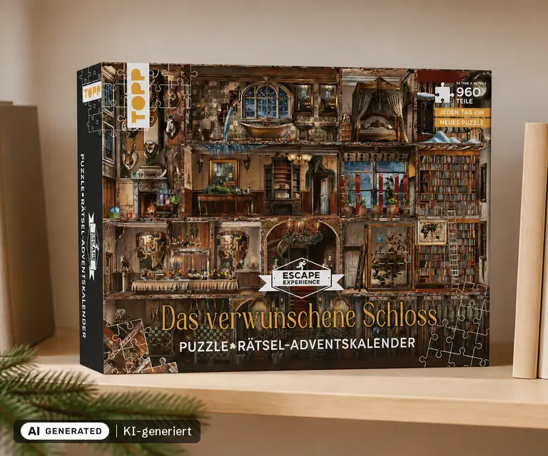 KI-generierte Illustration: TOPP Puzzle-Rätsel-Adventskalender: Das verwunschene Schloss (18784), 24 Türchen
