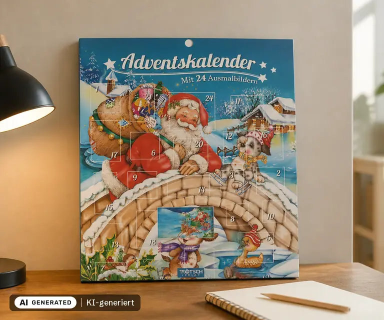 KI-generierte Illustration: TRÖTSCH Adventskalender mit 24 Ausmalbildern, 24 Türchen