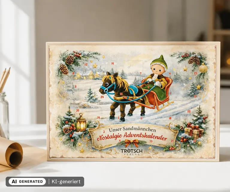 KI-generierte Illustration: TRÖTSCH - Unser Sandmännchen Adventskalenderkarte Nostalgie, 24 Türchen