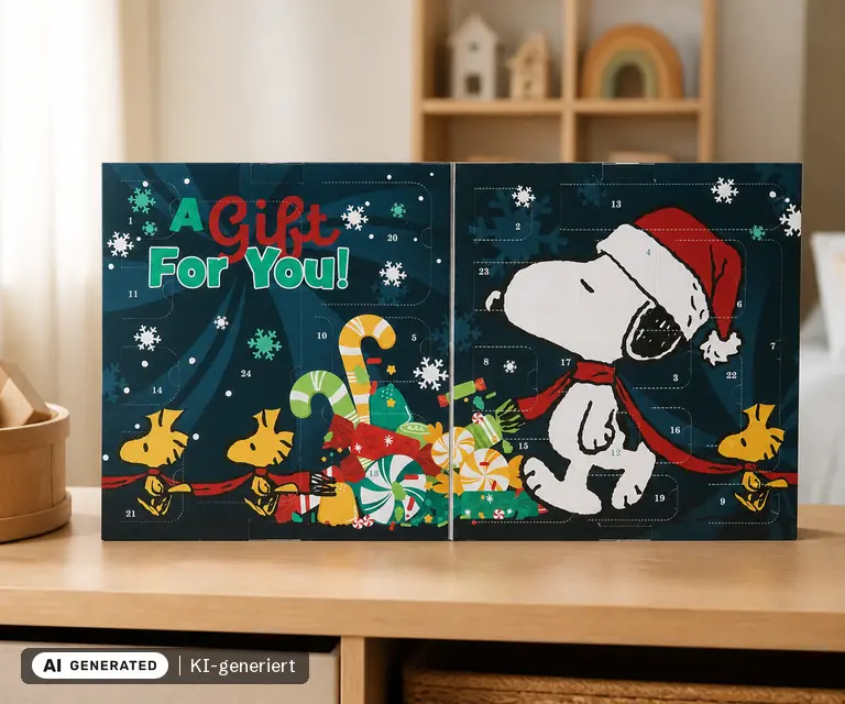 KI-generierte Illustration: UNDERCOVER Adventskalender Peanuts 2026, 24 Türchen