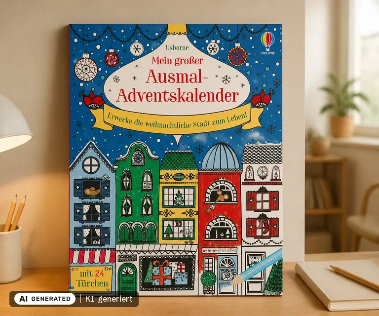 KI-generierte Illustration: Mein großer Ausmal-Adventskalender (Usborne), 24 Türchen