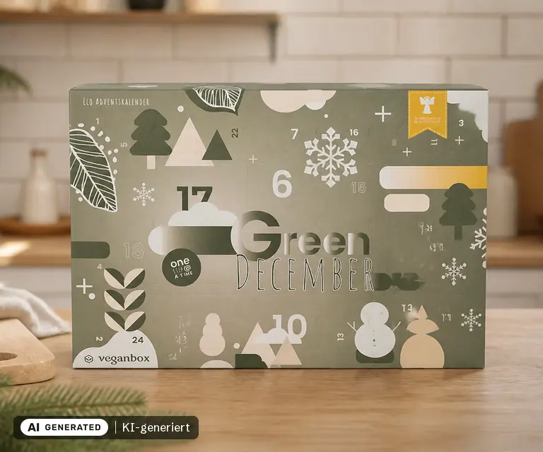 KI-generierte Illustration: Vegan Box Lifestyle Adventskalender 2026, 24 Türchen