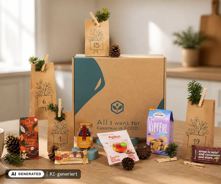 KI-generierte Illustration: Vegan Box Snack & Süßigkeiten Adventskalender 2026, 24 Türchen